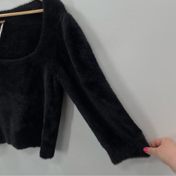 Free People Grunge Boho Moonbeam 3/4 Puff Sleeve Pullover Cropped Sweater Black - Picture 8 of 16